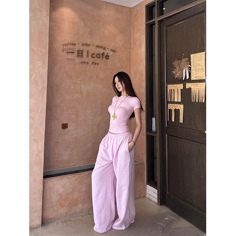 韩系多巴胺粉色休闲套装洋气修身百搭短袖T恤高腰宽松阔腿裤套装