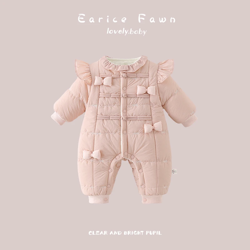 YM冬季女宝宝夹棉加厚连体衣满月百天爬爬服可爱超萌棉衣外出外套