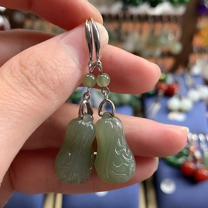 和田玉银S925镶嵌耳饰白菜22左右湖水绿