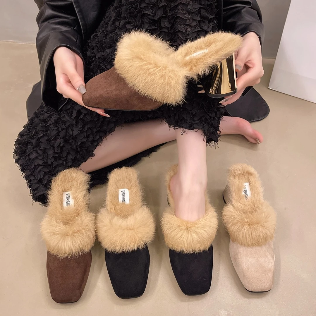 大码包头高跟毛毛半拖女款外穿2025新款网红爆款中高跟穆勒鞋女鞋