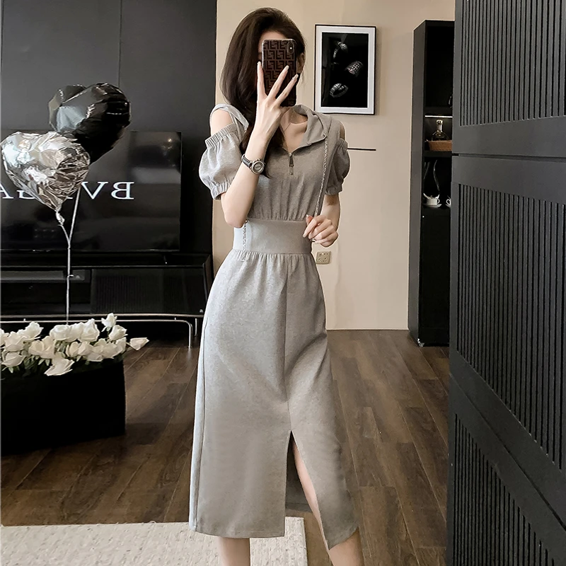 2025夏季爆款运动风连衣裙露肩连帽收腰显瘦前开叉气质千金裙子女