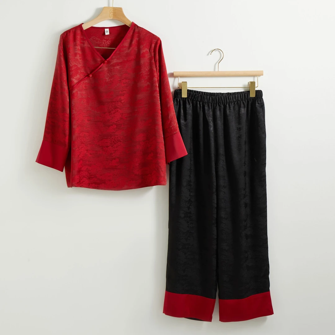 中式休闲短裙女夏季睡衣家居服套装复古碎花中国风印花红色提花