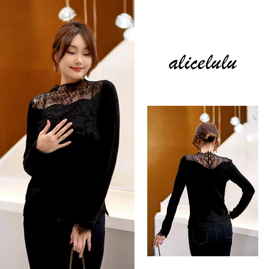 alicelulu显瘦毛衣半高领时髦蕾丝拼接气质优雅 810550V