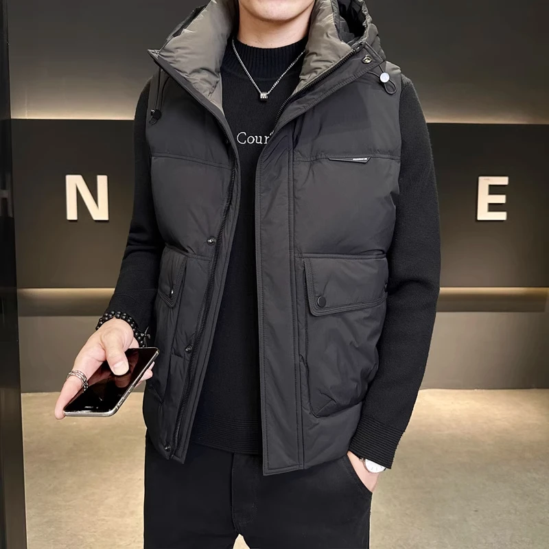 鸭绒羽绒服男款纯色潮牌连帽马甲秋冬季美式休闲男士保暖背心外套