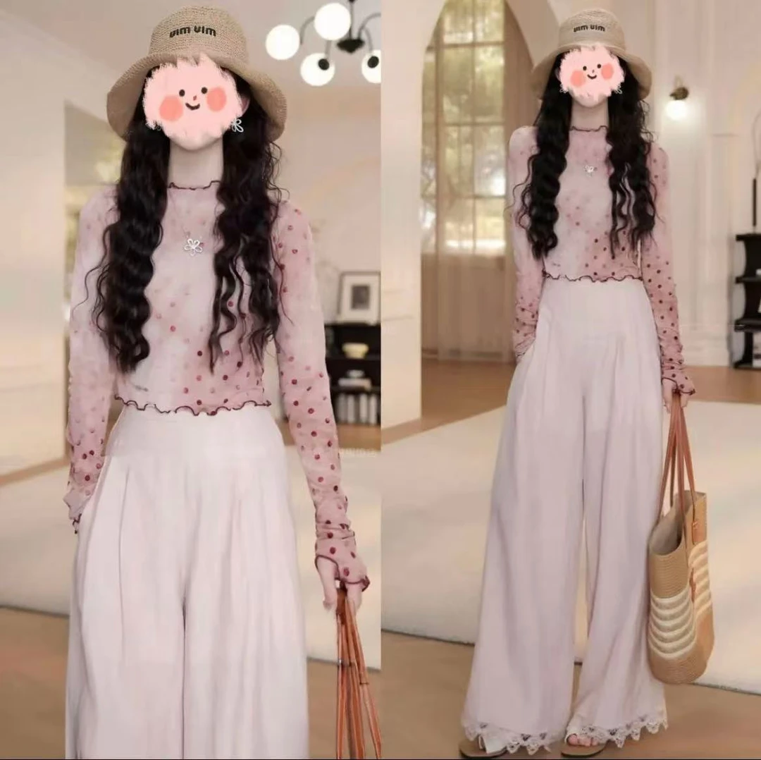 2025夏季木耳边波点短款长袖防晒T恤百搭蕾丝拼接直筒裤休闲套装