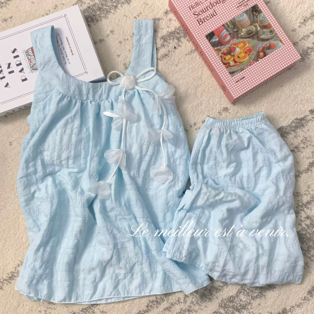 ins睡衣女夏季新款蓝色带胸垫吊带短裤公主风学生家居服套装