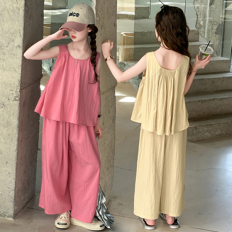 女童夏季套装2025新款儿童装无袖薄款洋气女孩夏装纯色阔腿两件套