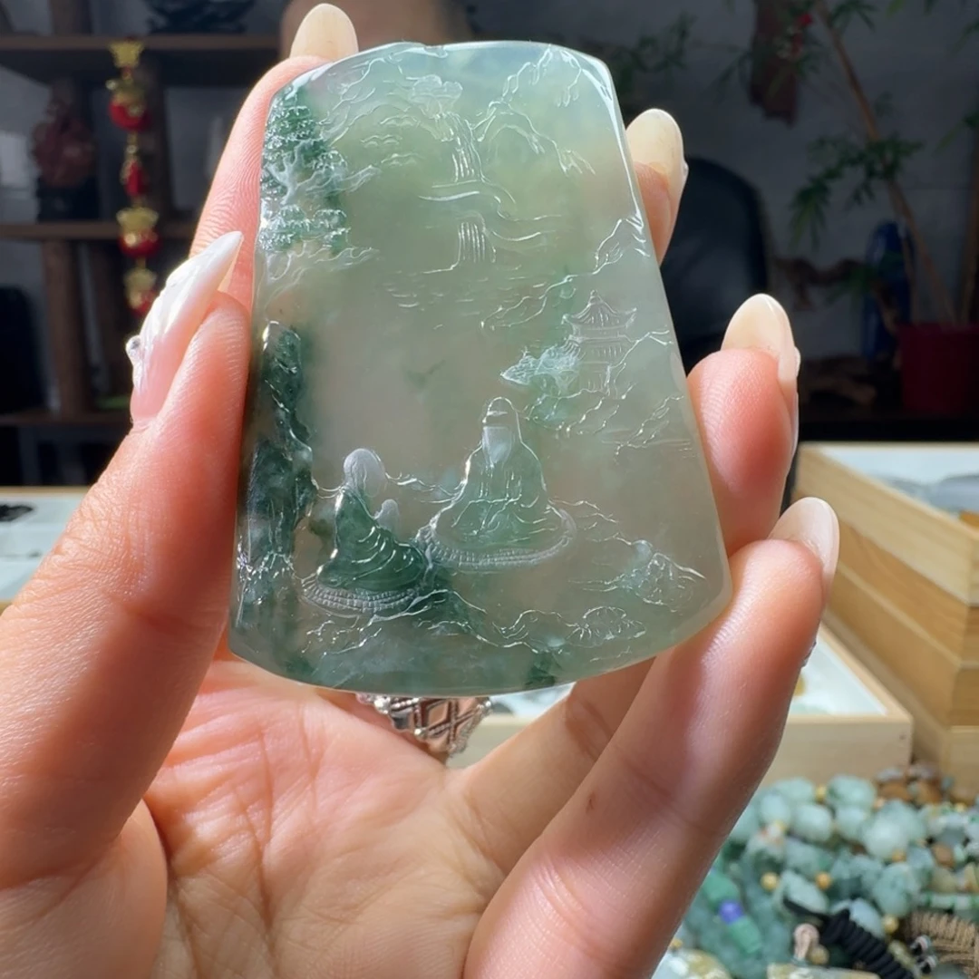 定制翡翠未镶嵌胡*三山水