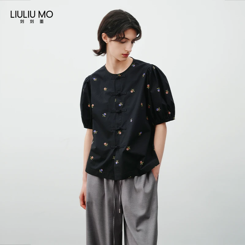 刘刘墨夏季设计感时尚百搭重工刺绣小众休闲新中式风刺绣花朵小衫