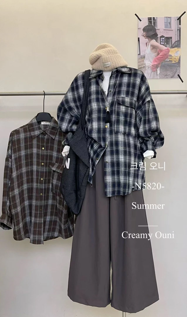 Creamy Ouni（5820#）韩系廓形慵懒大口袋格纹衬衫