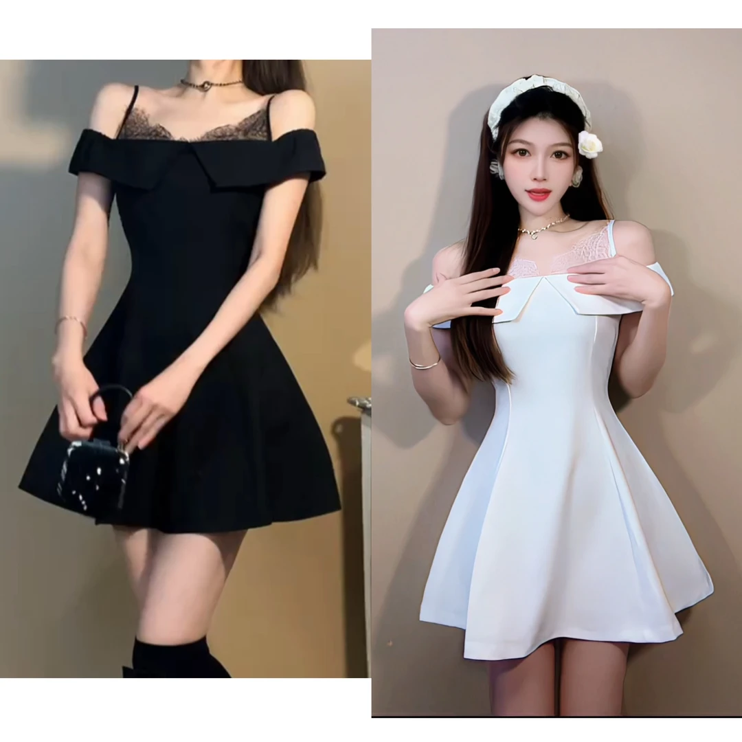 （清清专场）一字肩甜辣风蕾丝边纯欲风收腰显瘦伞裙蓬蓬西装连衣裙