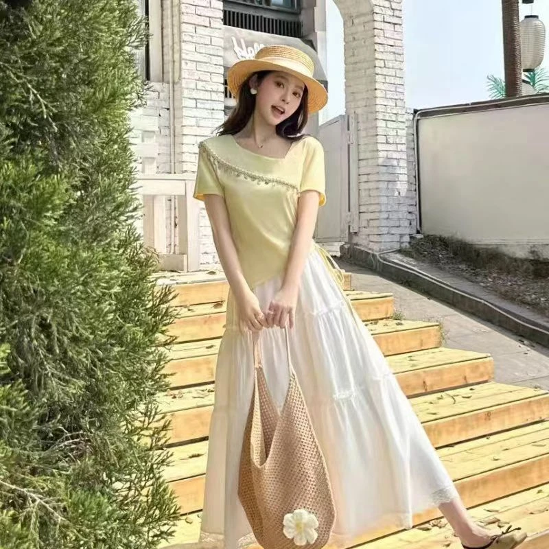 2025新款设计感小众法式高级感亮片流苏短袖T恤半身裙套装HJ-1726