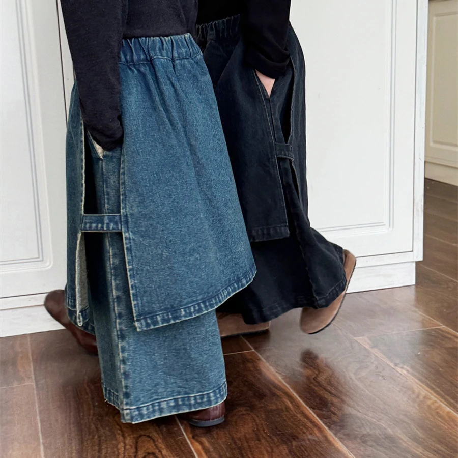 果儿童品2025儿童纯色牛仔裤九分裤男女宝宝宽松不规则裙裤九分裤