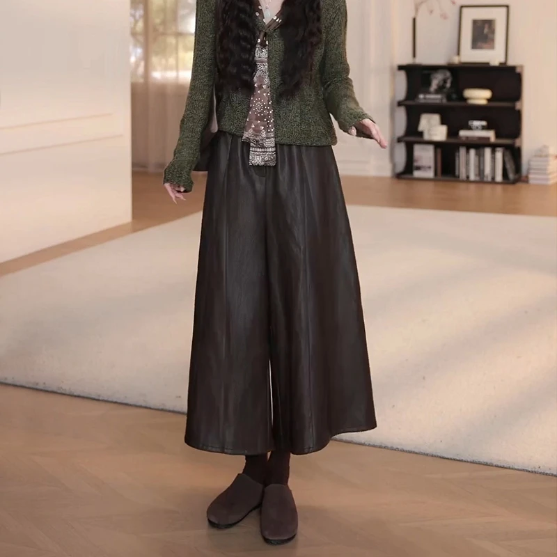 休闲宽松高腰显瘦阔腿皮裤女2025秋季新款复古港风时尚百搭半身裙