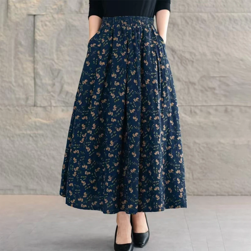 春季新款碎花棉麻半身裙高腰显瘦A字版型气质百搭民族风国风裙子