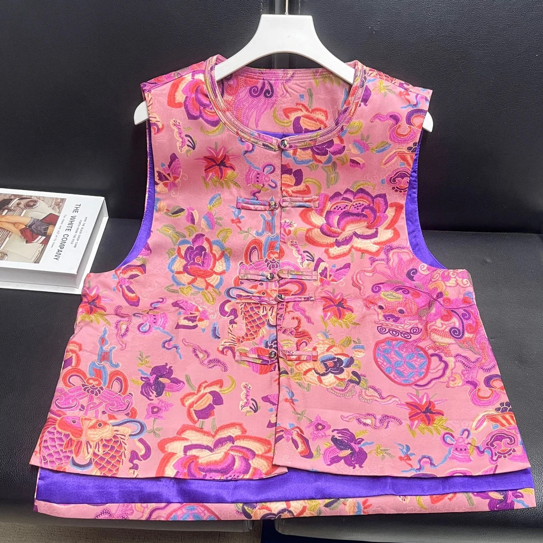 彩绘-新中式重工印染提花马甲免烫提花圆领时尚马夹人丝国风盘扣