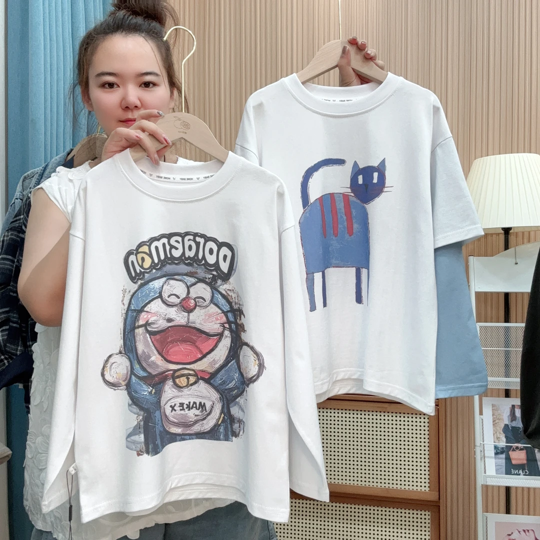 纯棉儿童打底衫假两件宽松时尚百搭洋气ins长袖简约休闲圆领韩版