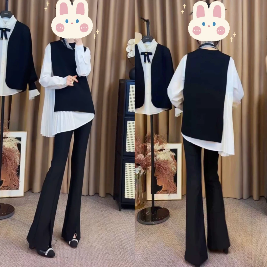 早秋新款百褶衬衫套装衬衫马甲两件套+微喇阔腿裤开叉裤BB50443