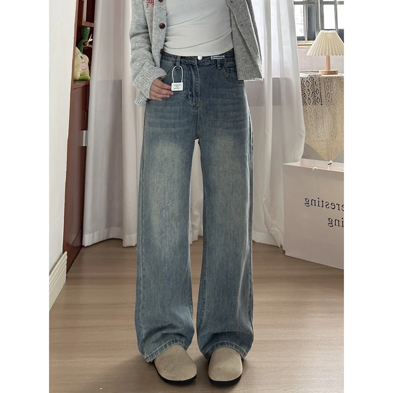 大码复古蓝高腰阔腿牛仔裤女春季新款宽松显瘦直筒裤小个子拖地裤