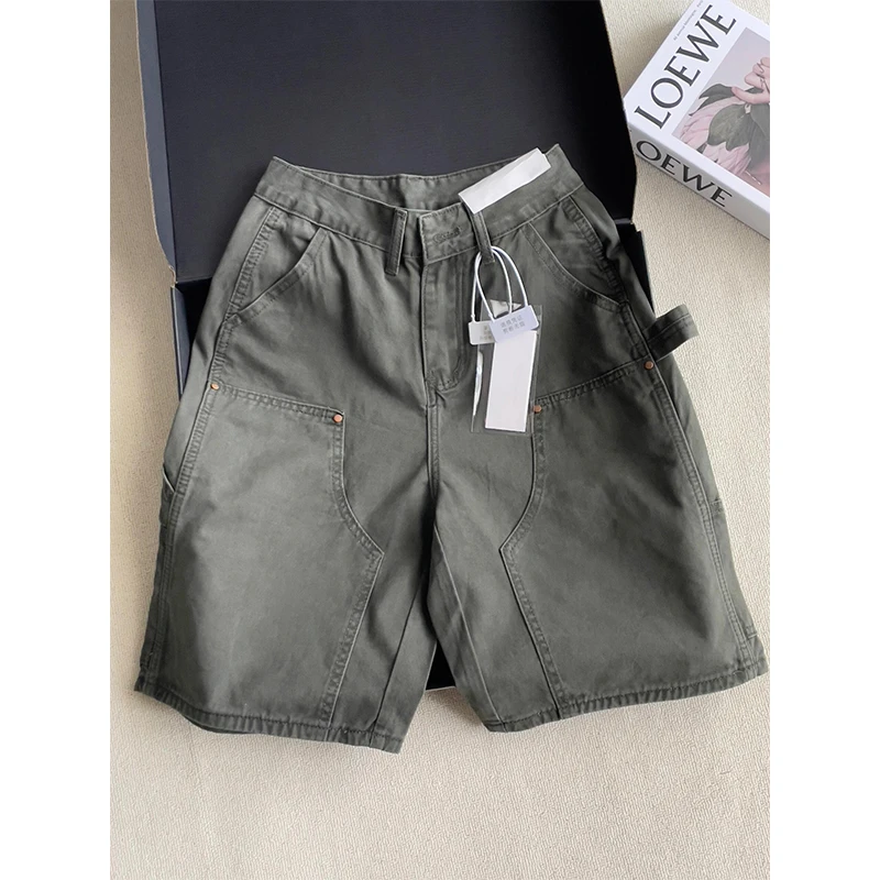 微胖mm军绿色复古水洗五分牛仔裤女夏季新款口袋复古百搭工装短裤