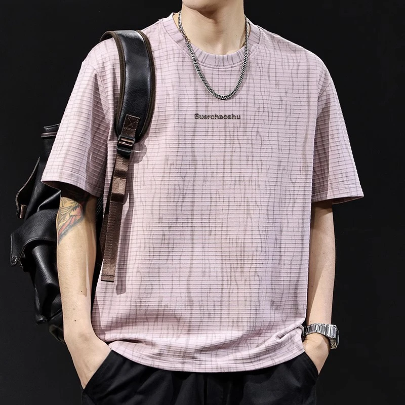 复古横纹提花短袖t恤男士宽松大码夏季2025新款衣服男装潮牌体恤