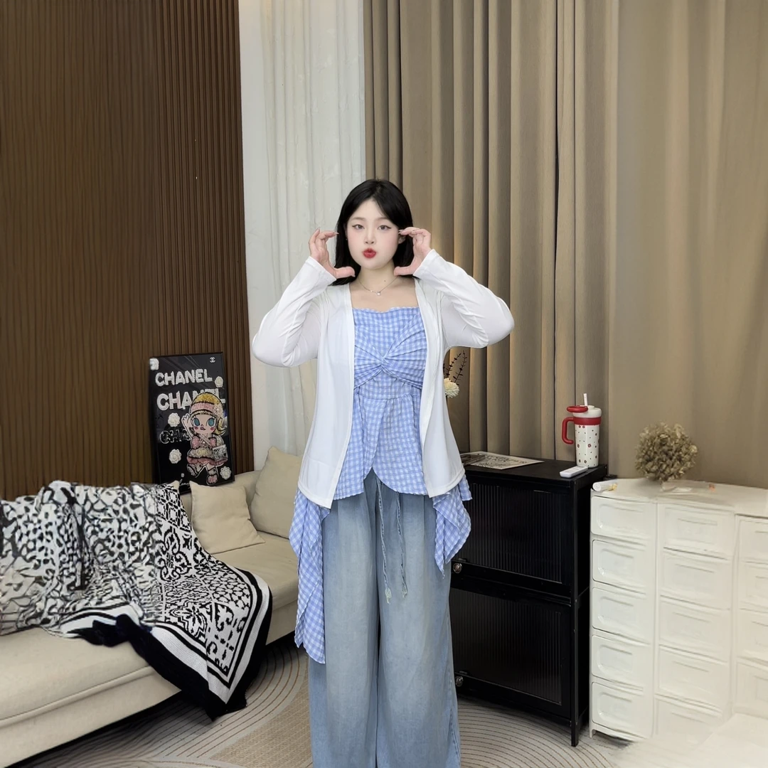 微胖大码胖mm韩系不规则下摆格子设计性格辣妹吊带上衣开衫