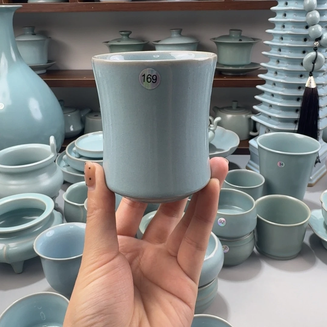 摆件陶瓷二级汝窑天青釉束腰杯