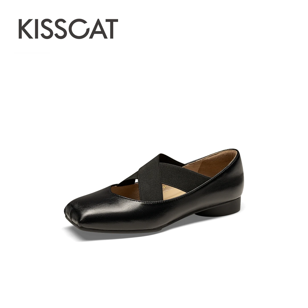 【商场同款】接吻猫新款羊皮面单鞋交叉松紧带平底芭蕾鞋KA54128-11