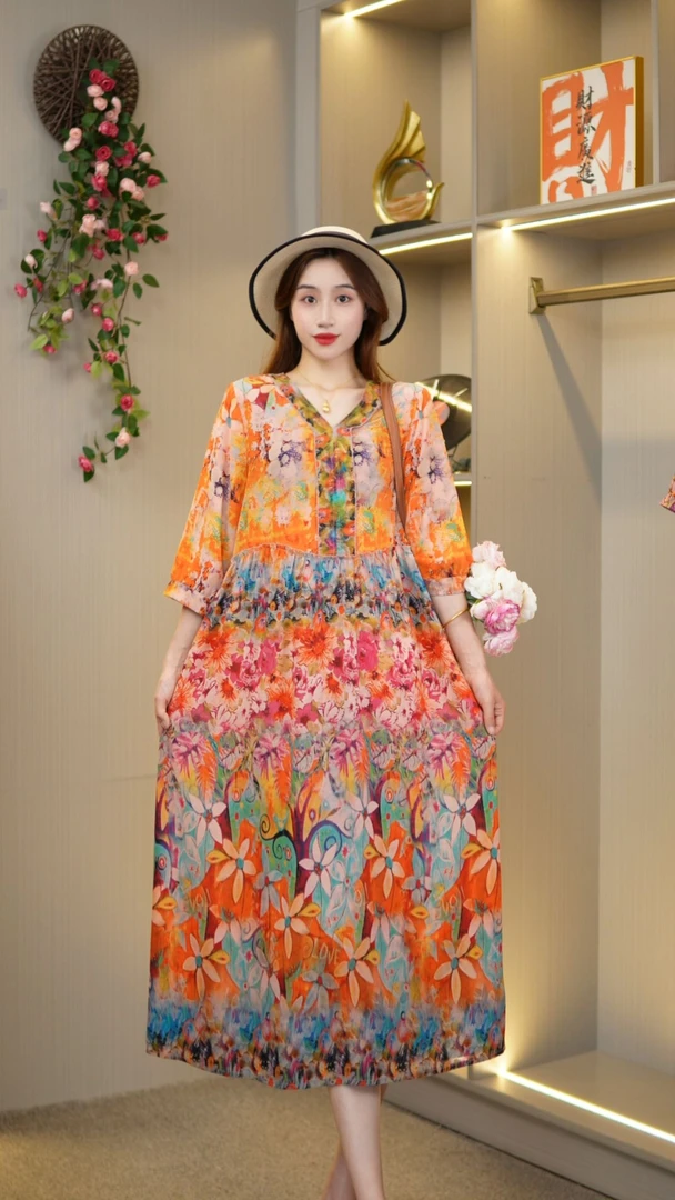 妈妈装连衣裙丝缎高工艺直喷中长袖女装【花开花落】PS