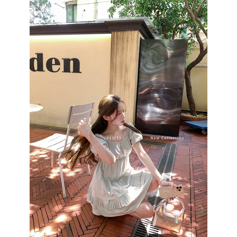 萌萌Ja 薄荷香气 灰绿色宫廷风短袖连衣裙女夏泡泡袖法式公主裙