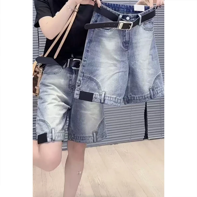 艾塔莉宽松五分裤女夏季新款时尚小众百搭牛仔裤显瘦美式阔腿短裤