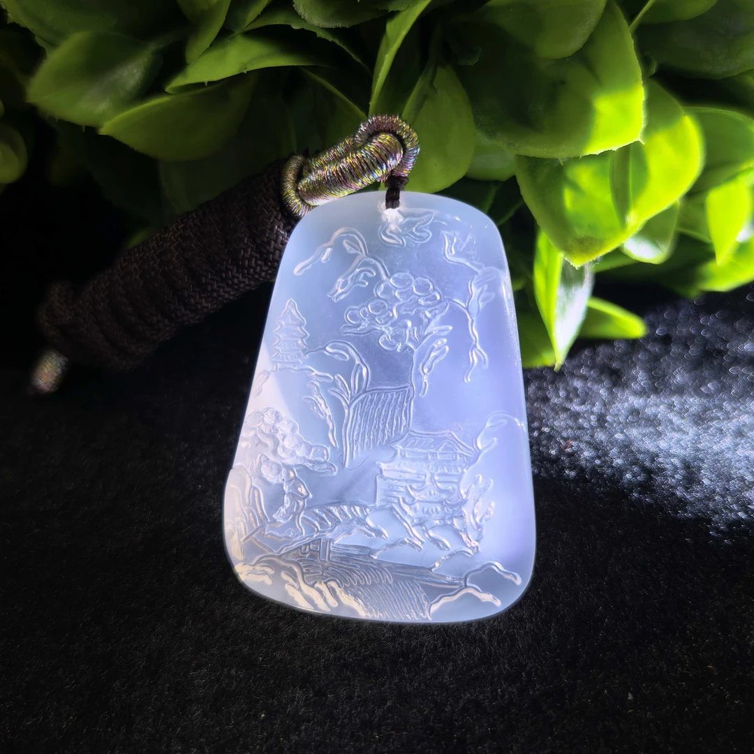 江德洋珠宝S1285九天玄灵寒冰玛瑙白山水牌吊坠-配绳-送礼佳品