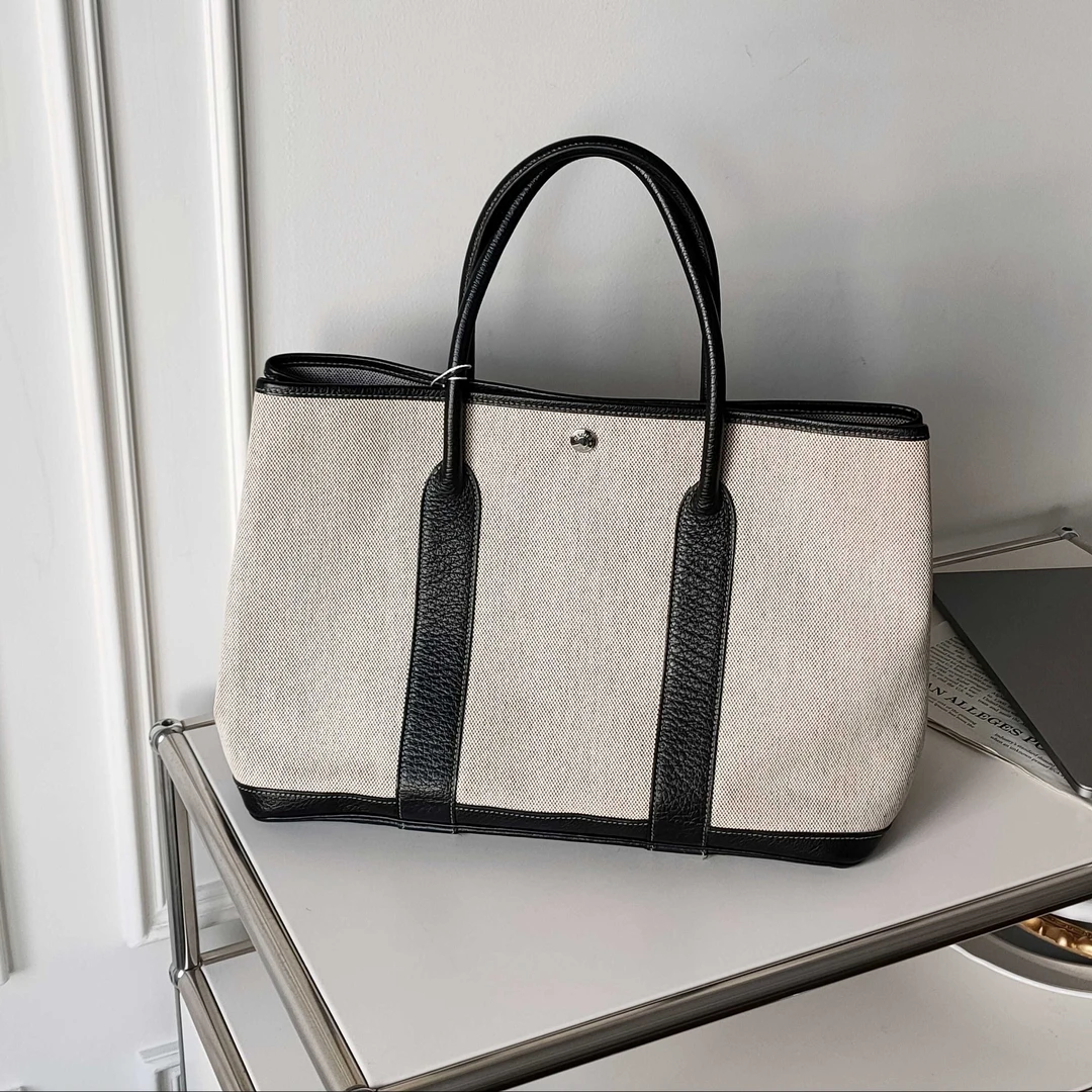 95新 Hermes/爱马仕 Azul熊猫色帆布拼皮Garden花园36手提包38607