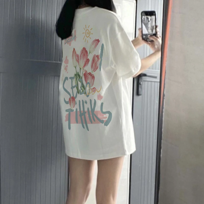 白色纯棉正肩短袖t恤女夏花朵印花宽松美式设计感小众上衣潮学生