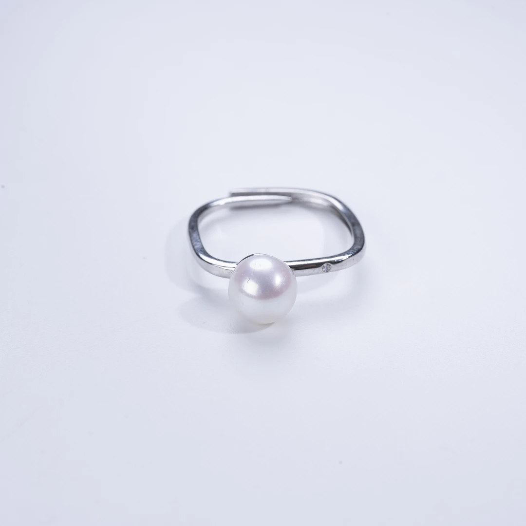 爱迪生淡水珍珠 白色珍珠戒指时尚款淡水戒指7-8mm【叶子专属】