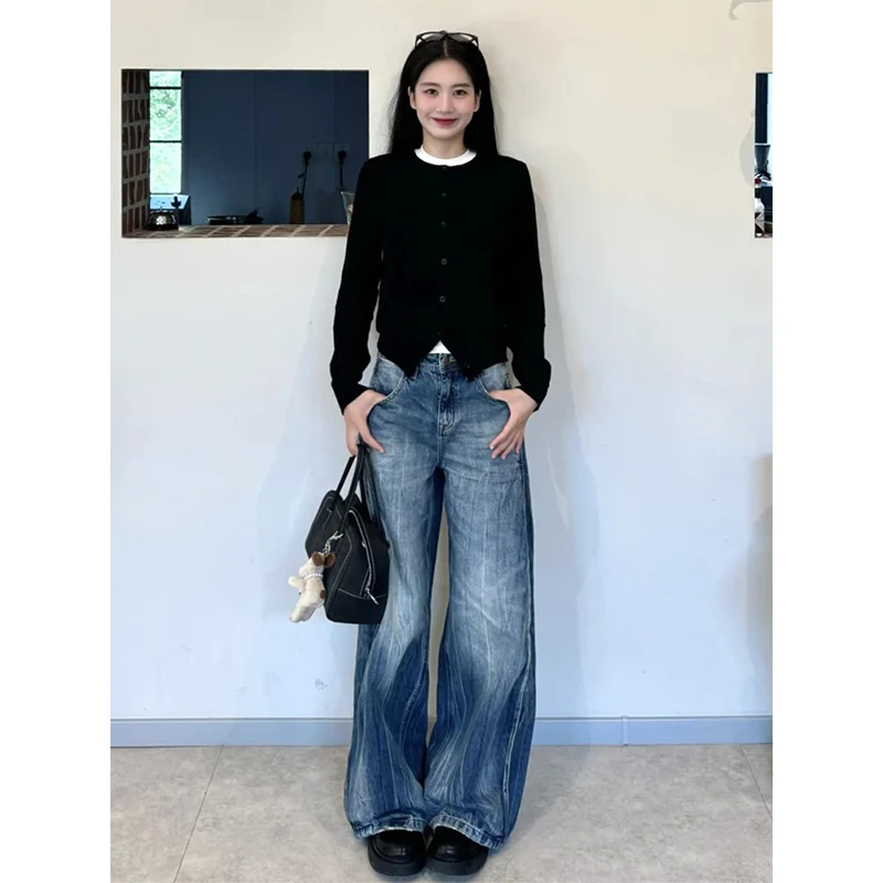 美式高街水洗阔腿牛仔裤女春季设计感低腰宽松显瘦垂感休闲拖地裤