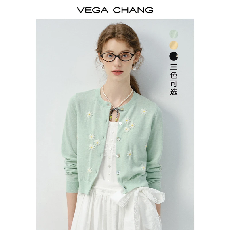 VEGA CHANG针织衫上衣女2025年秋季新款雏菊刺绣开衫外套0487LW
