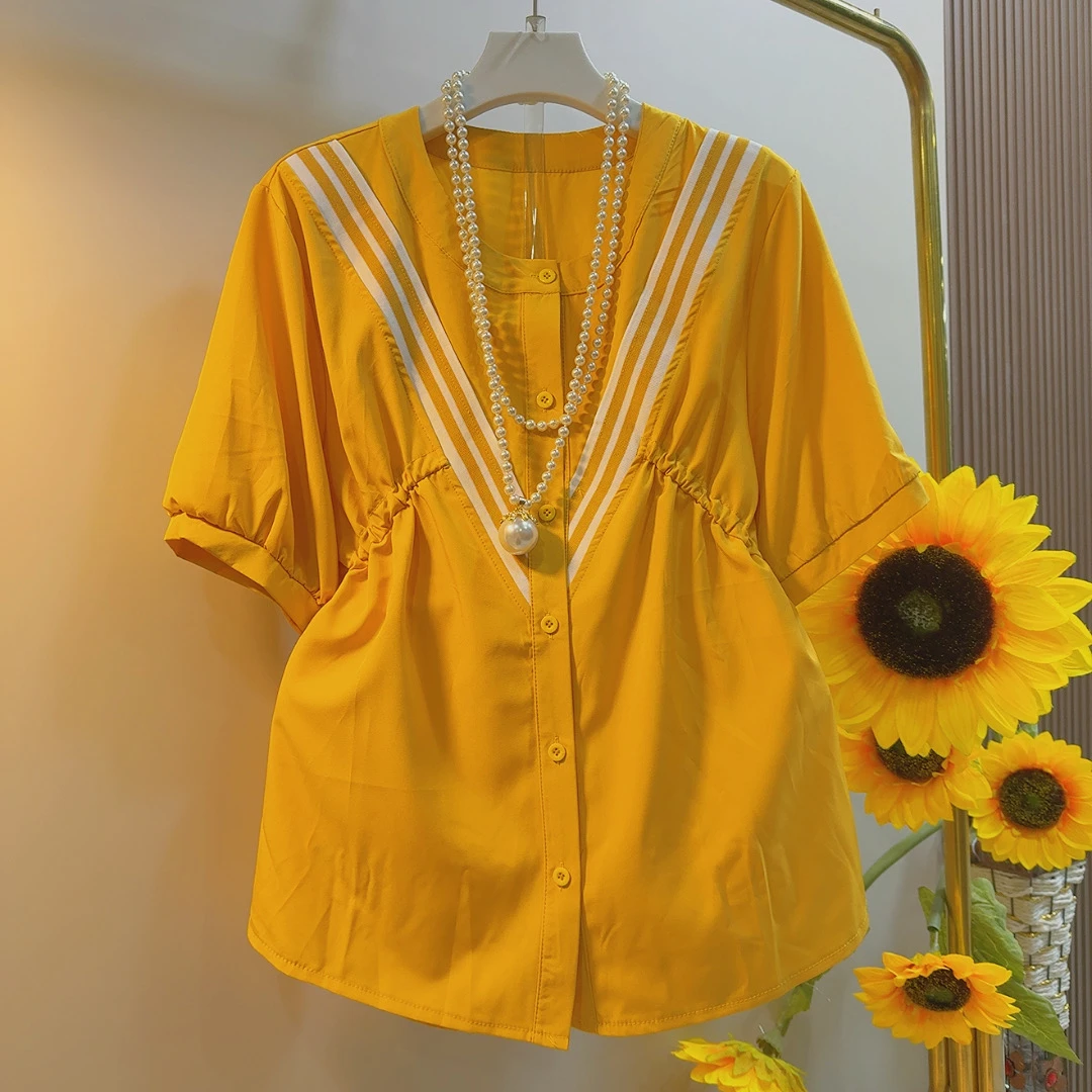 QQY夏季收腰显瘦短袖洋气大码衬衫上衣
