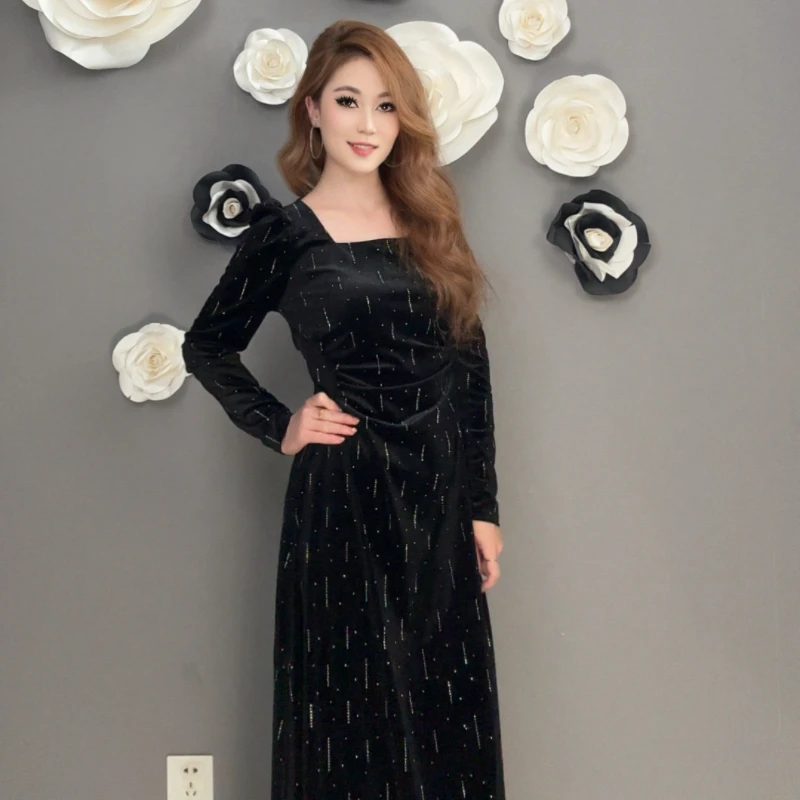 9864【包邮】方领时尚丝绒烫钻女装连衣裙