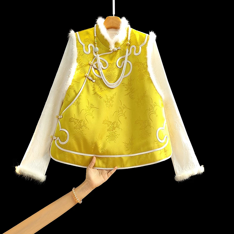 南油新中式百搭暗纹提花工艺冬季夹棉马夹复古厚款女棉马甲