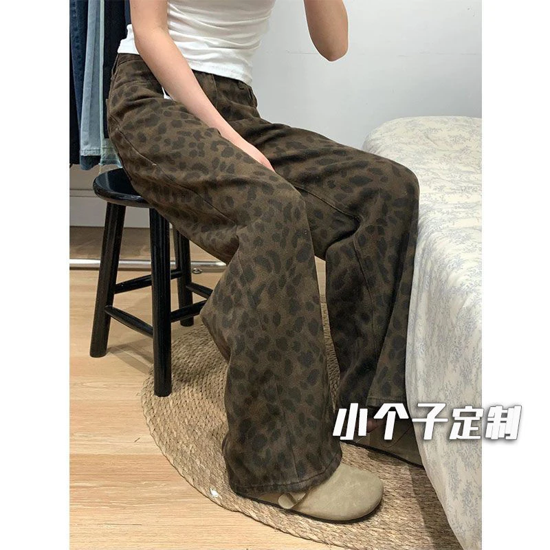 145小个子美式高街豹纹牛仔裤女高腰辣妹宽松直筒阔腿牛仔阔腿裤