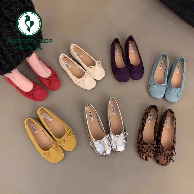 啄木鸟法式复古软底单鞋银色女鞋夏季瓢鞋晚风蝴蝶结平底鞋芭蕾鞋