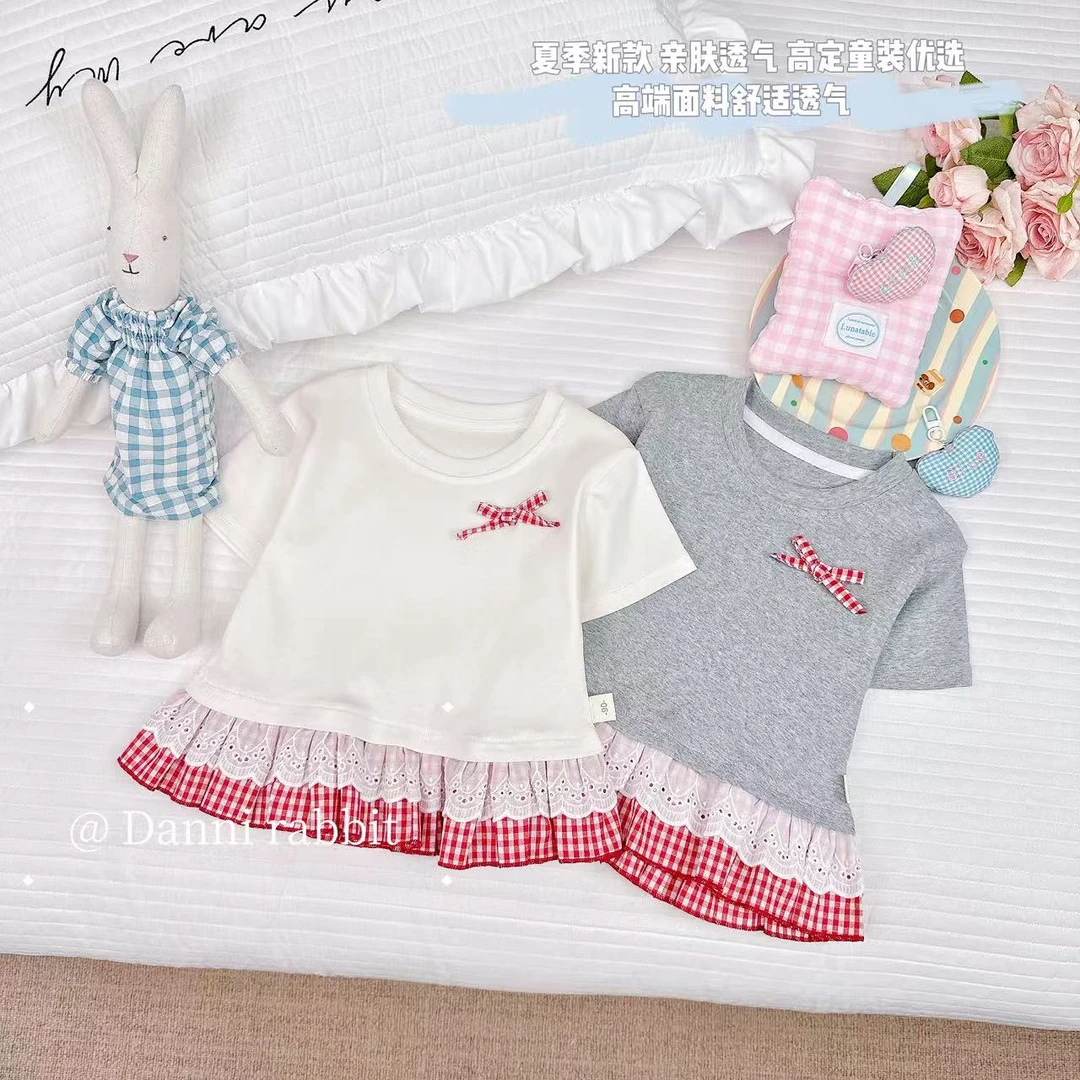 【Dannirabbit】*百搭格子花边蝴蝶结拼接格子女童T恤 X-7531