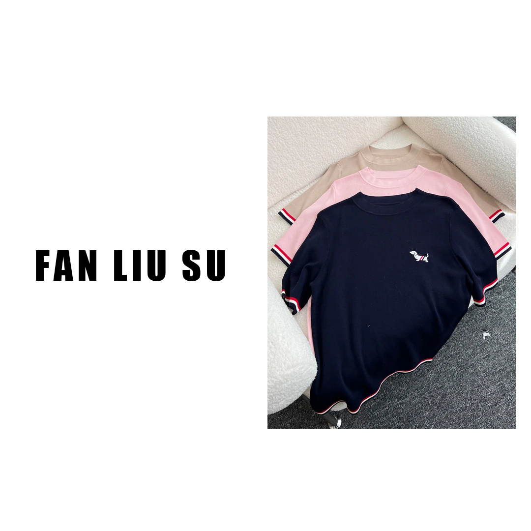 【FANLIUSU】圆领针织短袖T恤女夏季气质百搭开叉上衣2