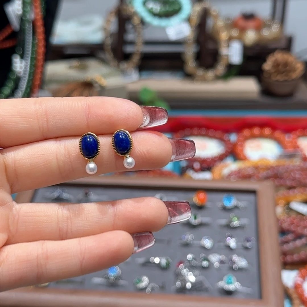 青金石耳饰银S925镶嵌耳钉