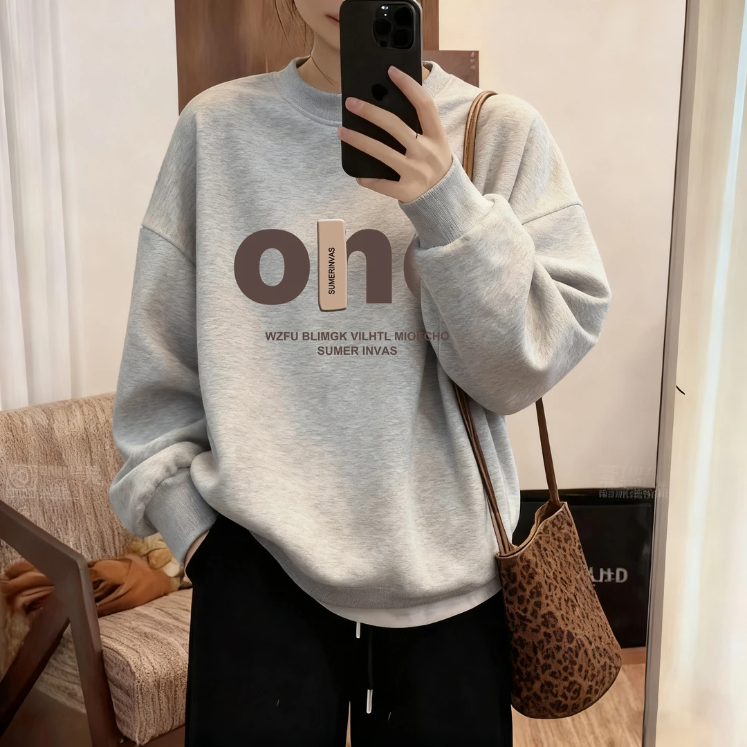 宽松韩版慵懒风圆领卫衣春秋款女装洋气显瘦打底衫内搭灰色上衣服