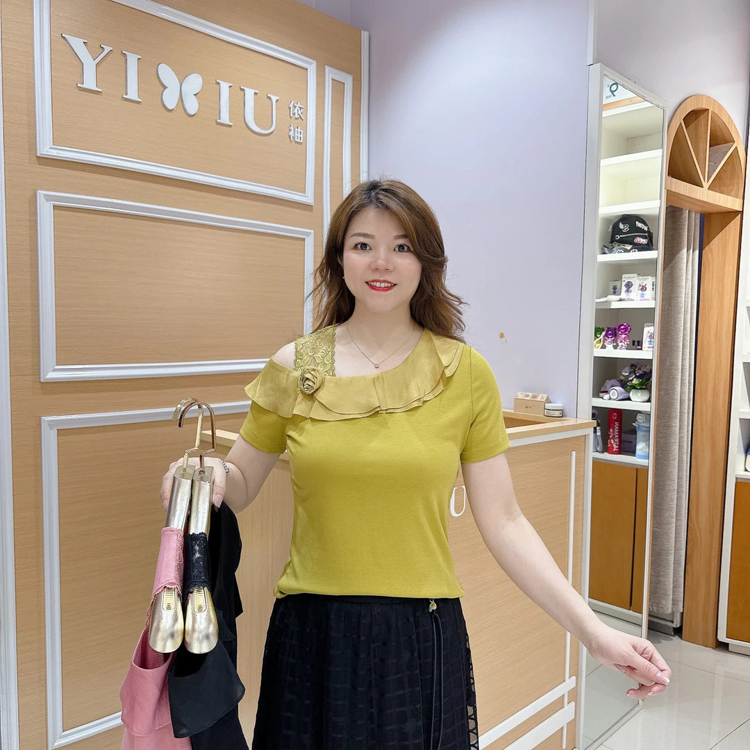 高档南韩气质上衣5-8579夏季短袖女百搭时尚/长58厘米显瘦