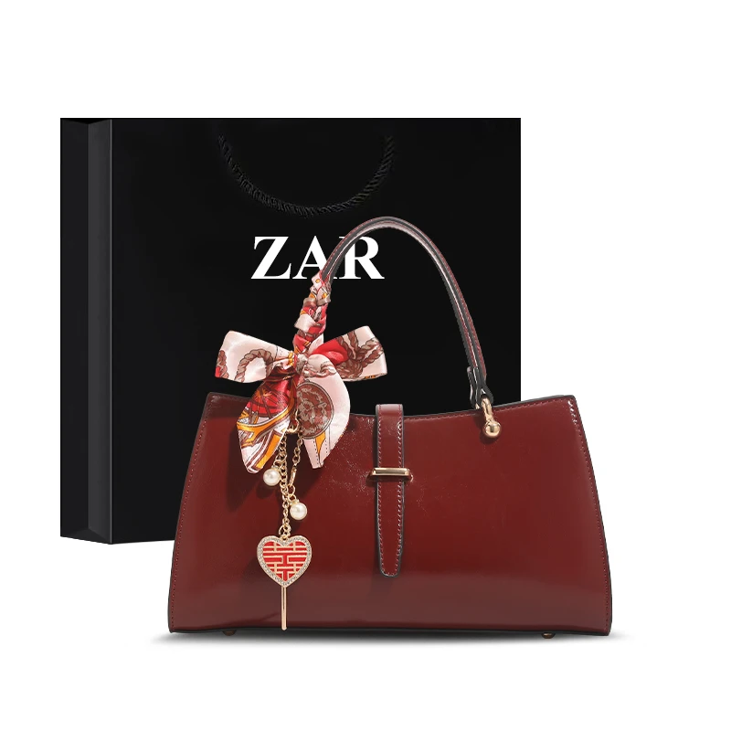 ZAR&RUILR/查瑞娜新娘手提包包女款复古油蜡皮红色包容量斜挎婚包