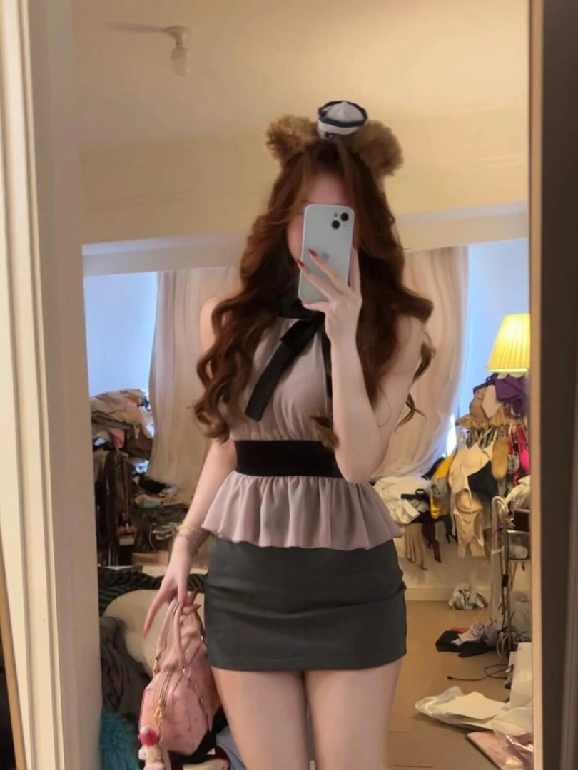 法式夏季高级感纯欲甜美系带挂脖无袖背心上衣女+高腰收腰半身裙