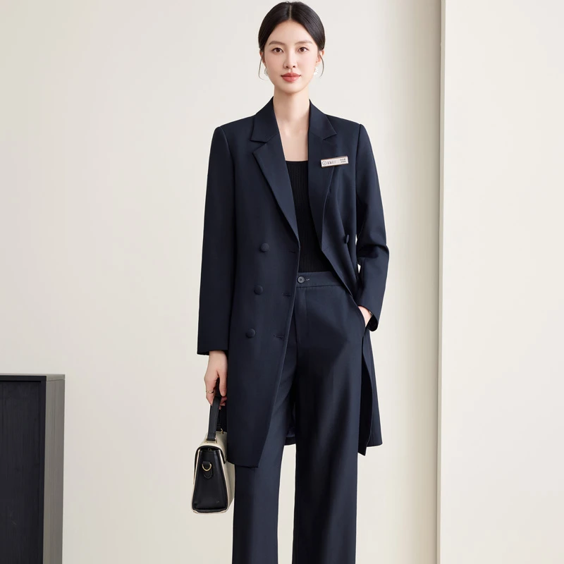 藏青色高端中长款西装套装气质商务双排扣休闲女神范工装风工作服